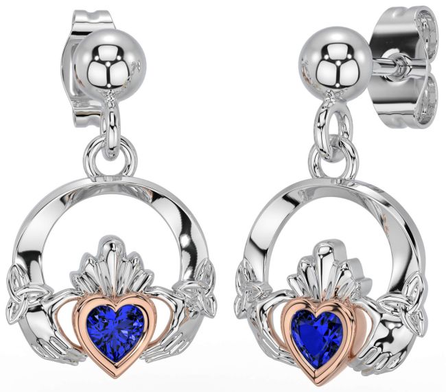 Sapphire Rose Gold Silver Celtic Claddagh Trinity Knot Dangle Earrings