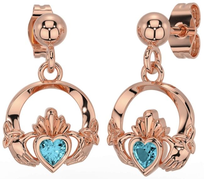 Aquamarine Rose Gold Silver Celtic Claddagh Trinity Knot Dangle Earrings