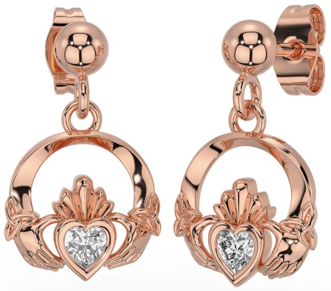 Diamond Rose Gold Silver Celtic Claddagh Trinity Knot Dangle Earrings