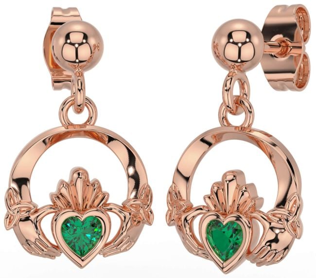 Emerald Rose Gold Silver Celtic Claddagh Trinity Knot Dangle Earrings