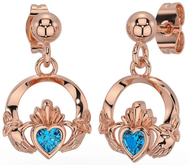 Topaz Rose Gold Silver Celtic Claddagh Trinity Knot Dangle Earrings