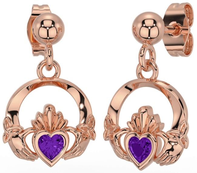 Amethyst Rose Gold Celtic Claddagh Trinity Knot Dangle Earrings