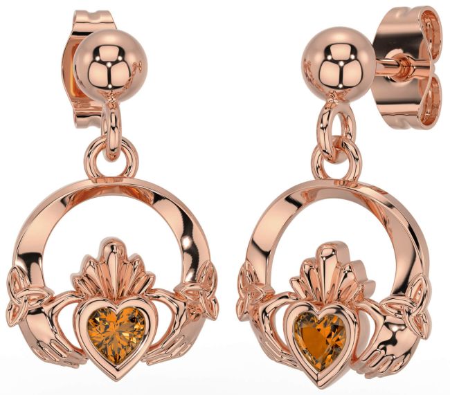 Citrine Rose Gold Celtic Claddagh Trinity Knot Dangle Earrings