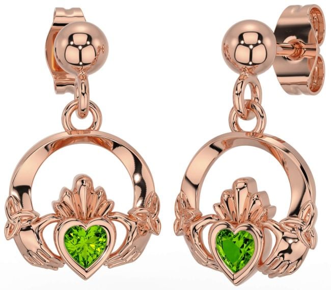 Peridot Rose Gold Celtic Claddagh Trinity Knot Dangle Earrings