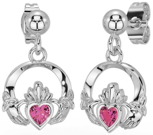 Pink Tourmaline Silver Celtic Claddagh Trinity Knot Dangle Earrings