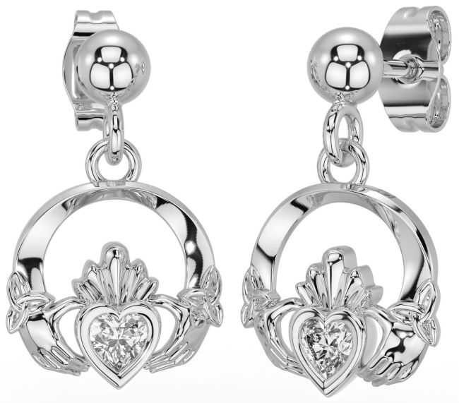 Diamond White Gold Celtic Claddagh Trinity Knot Dangle Earrings