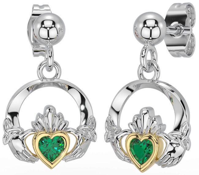 Emerald White Yellow Gold Celtic Claddagh Trinity Knot Dangle Earrings