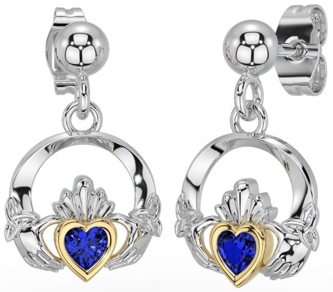 Sapphire White Yellow Gold Celtic Claddagh Trinity Knot Dangle Earrings