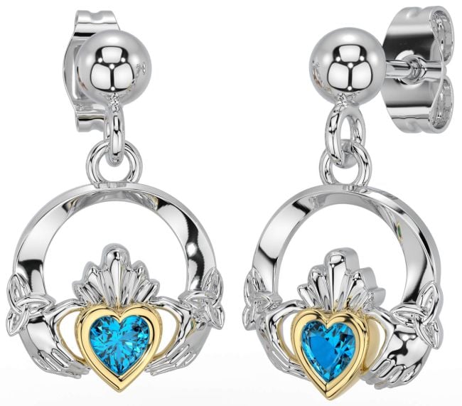 Topaz White Yellow Gold Celtic Claddagh Trinity Knot Dangle Earrings