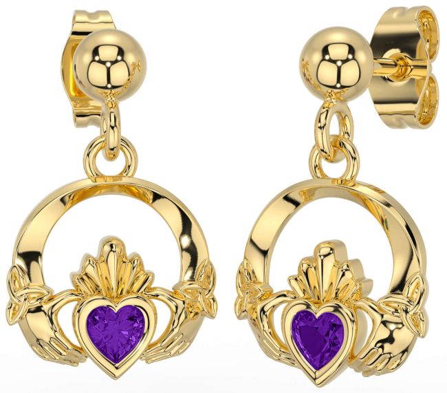 Amethyst Gold Celtic Claddagh Trinity Knot Dangle Earrings