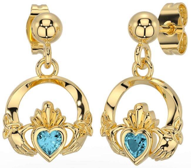 Aquamarine Gold Celtic Claddagh Trinity Knot Dangle Earrings