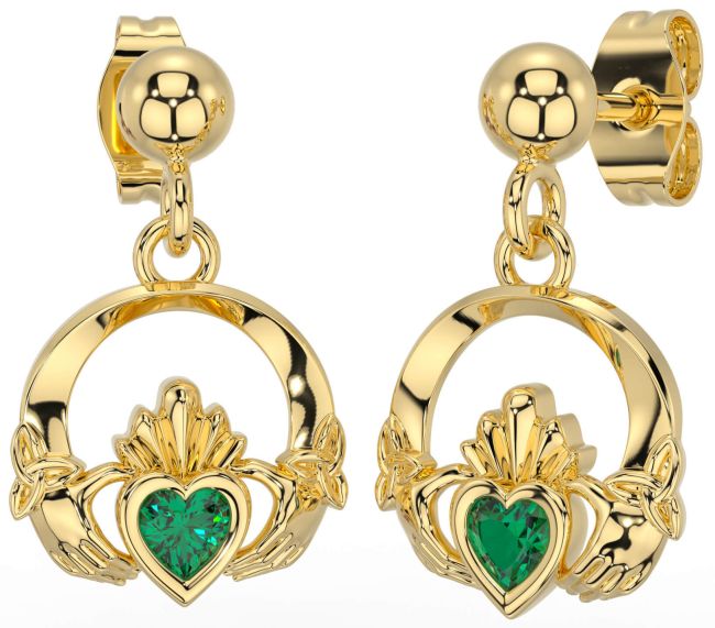 Emerald Gold Celtic Claddagh Trinity Knot Dangle Earrings