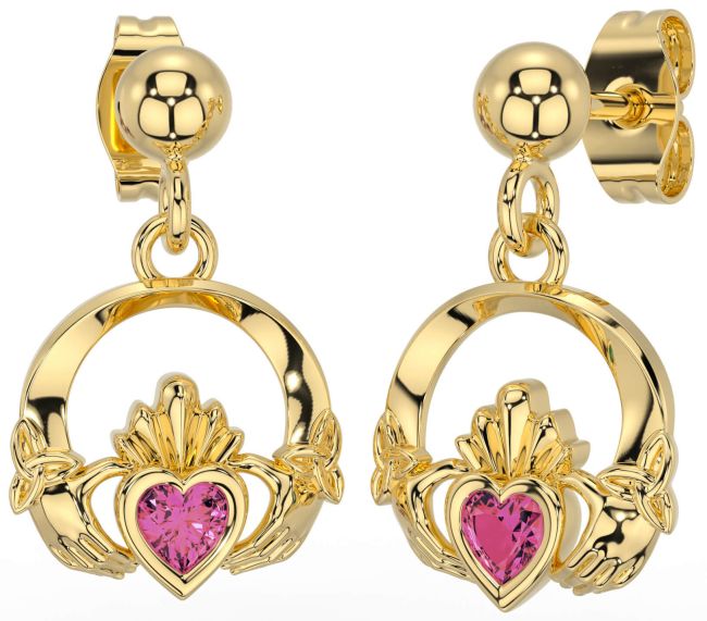 Pink Tourmaline Gold Celtic Claddagh Trinity Knot Dangle Earrings