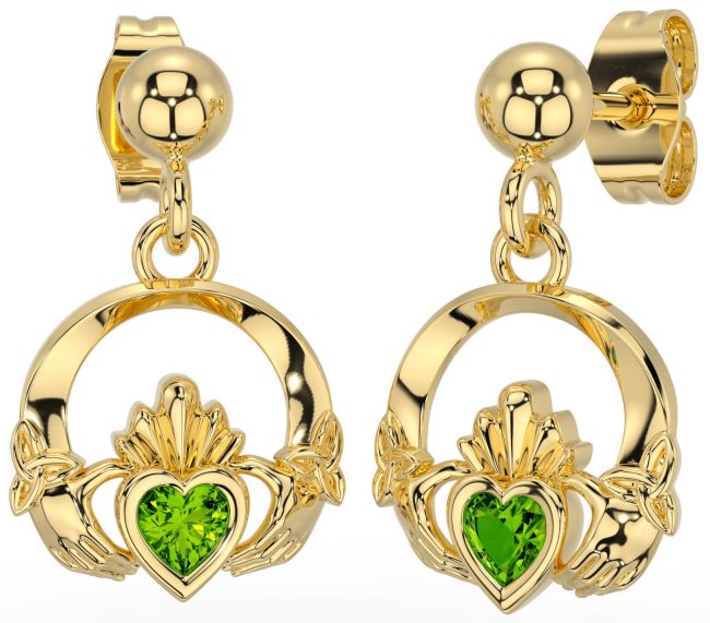 Peridot Gold Celtic Claddagh Trinity Knot Dangle Earrings