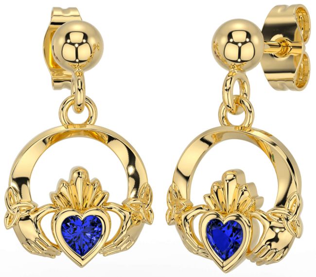 Sapphire Gold Celtic Claddagh Trinity Knot Dangle Earrings