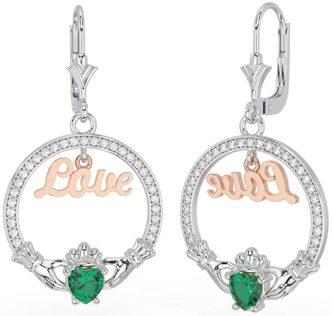 Diamond Emerald Rose Gold Silver Claddagh Love Dangle Earrings