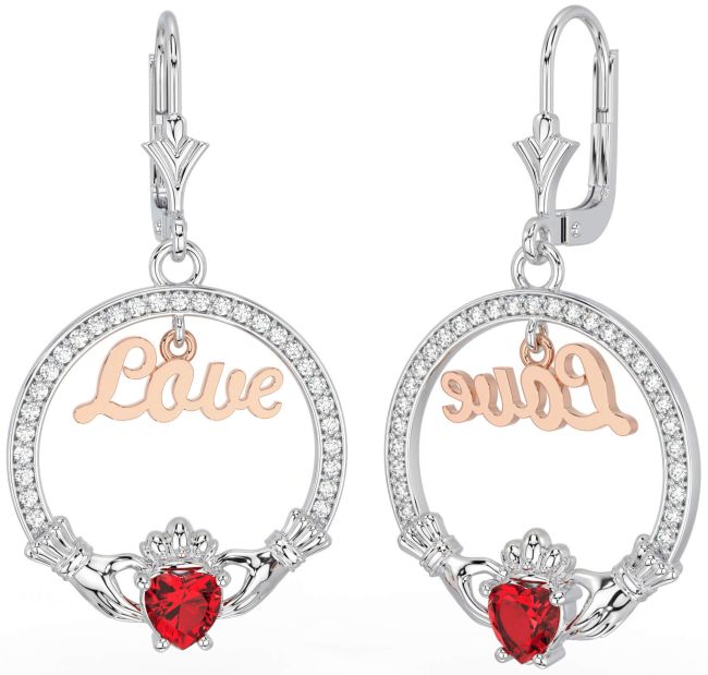 Diamond Ruby Rose Gold Silver Claddagh Love Dangle Earrings