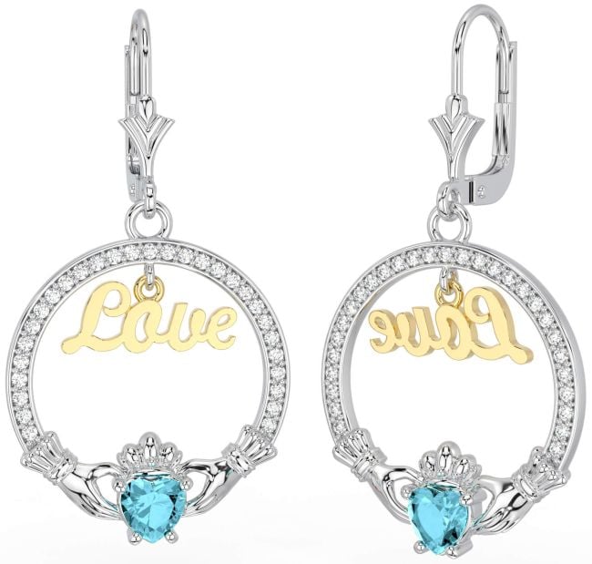 Diamond Aquamarine Gold Silver Claddagh Love Dangle Earrings