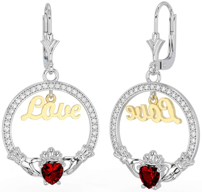 Diamond Garnet Gold Silver Claddagh Love Dangle Earrings