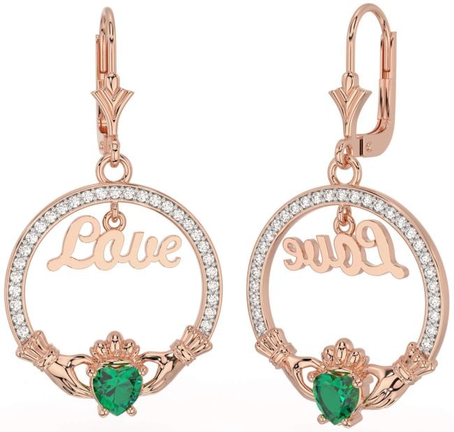 Diamond Emerald Rose Gold Silver Claddagh Love Dangle Earrings