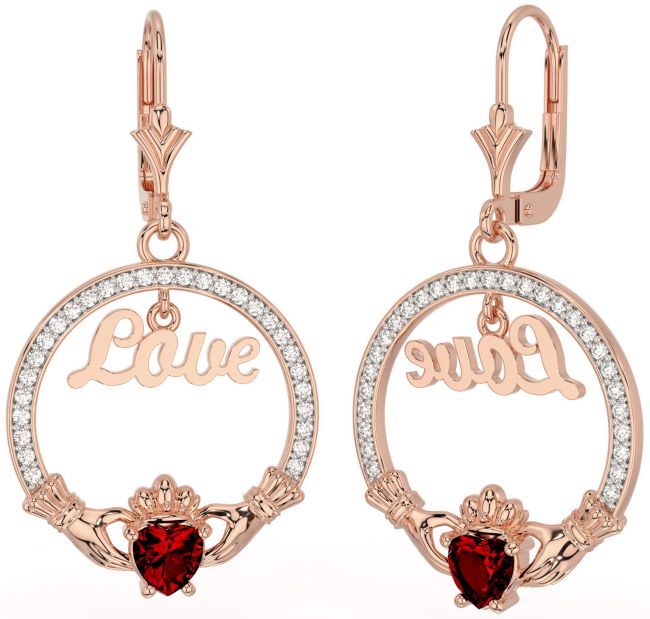 Diamant Grenat Rose Or Argent Claddagh Amour Pendre Des boucles d'oreilles