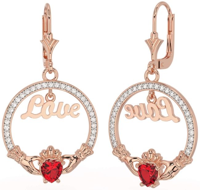 Diamond Ruby Rose Gold Silver Claddagh Love Dangle Earrings