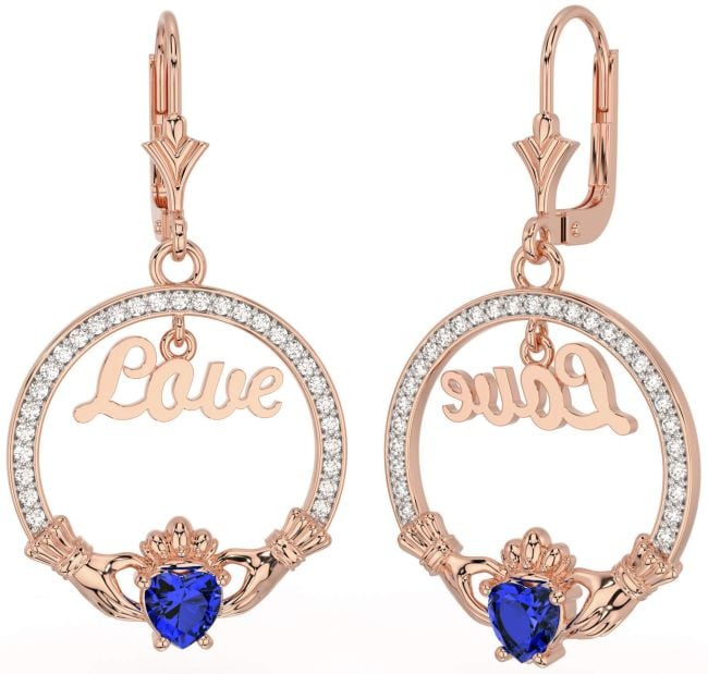 Diamond Sapphire Rose Gold Silver Claddagh Love Dangle Earrings