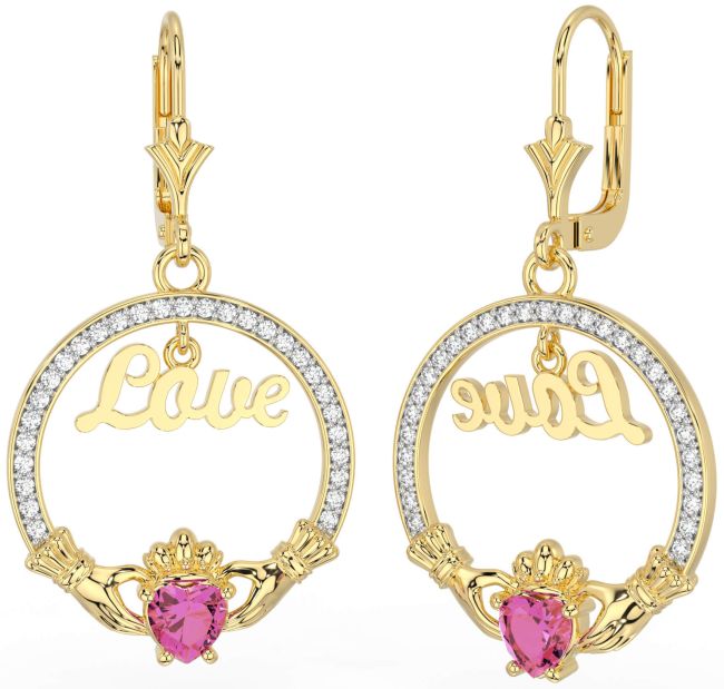 Diamond Pink Tourmaline Gold Silver Claddagh Love Dangle Earrings