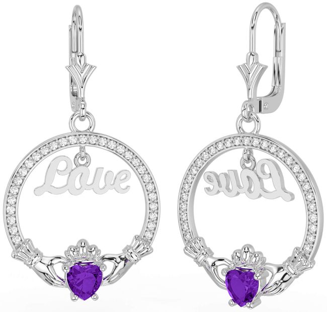 Diamond Amethyst Silver Claddagh Love Dangle Earrings