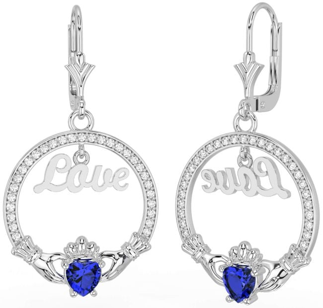 Diamond Sapphire Silver Claddagh Love Dangle Earrings