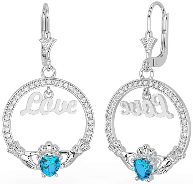 Diamond Topaz Silver Claddagh Love Dangle Earrings