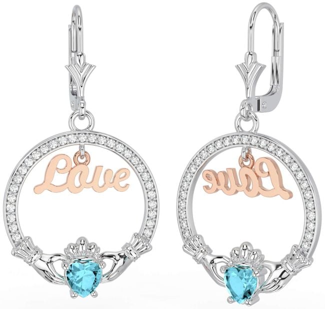 Diamond Aquamarine Rose Gold Silver Claddagh Love Dangle Earrings