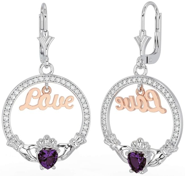 Diamond Alexandrite Rose Gold Silver Claddagh Love Dangle Earrings