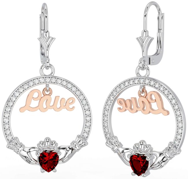 Trandafir granat diamant Aur Argint Claddagh Love Dangle Cercei