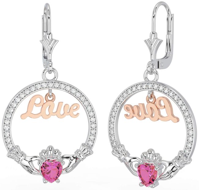 Diamond Pink Tourmaline Rose Gold Silver Claddagh Love Dangle Earrings