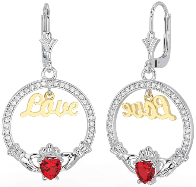 Diamond Ruby Gold Silver Claddagh Love Dangle Earrings