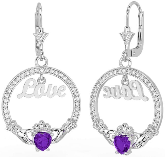 Diamond Amethyst White Gold Claddagh Love Dangle Earrings