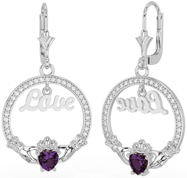 Diamond Alexandrite White Gold Claddagh Love Dangle Earrings