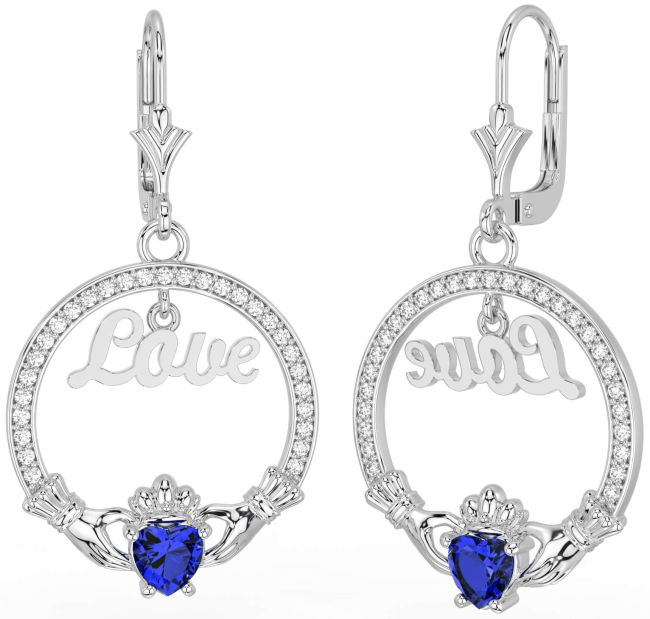 Diamond Sapphire White Gold Claddagh Love Dangle Earrings