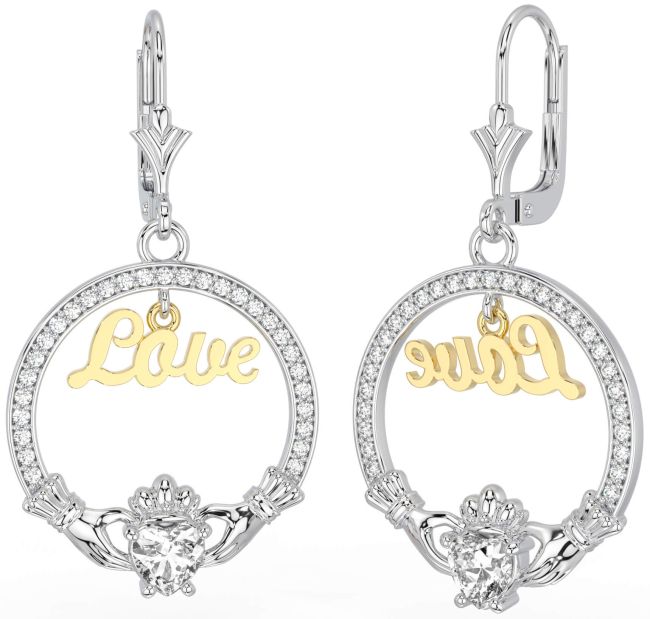 Diamant Blanc Jaune Or Claddagh Amour Pendre Des boucles d'oreilles