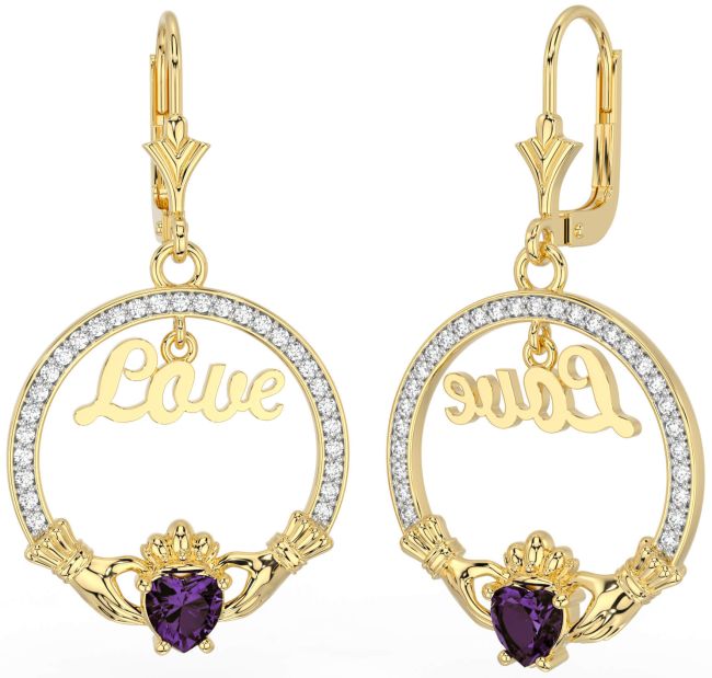 Diamond Alexandrite Gold Claddagh Love Dangle Earrings