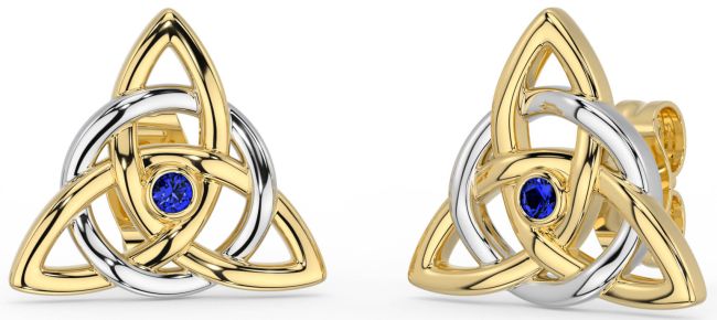 Sapphire Gold Silver Celtic Trinity Knot Stud Earrings