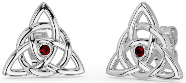 Garnet Silver Celtic Trinity Knot Stud Earrings