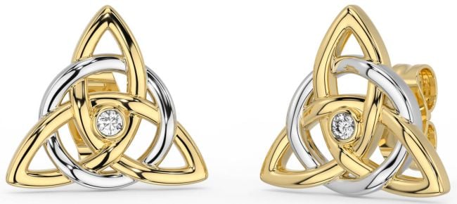 Diamond White Yellow Gold Celtic Trinity Knot Stud Earrings