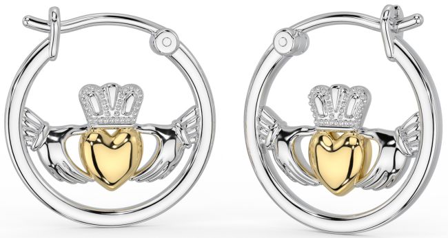 White Yellow Gold Celtic Claddagh Hoop Earrings