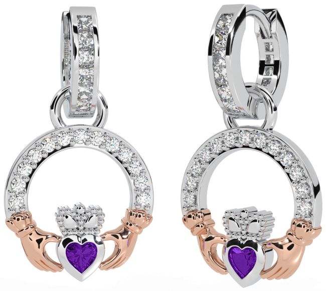 Diamond Amethyst Rose Gold Silver Claddagh Dangle Earrings