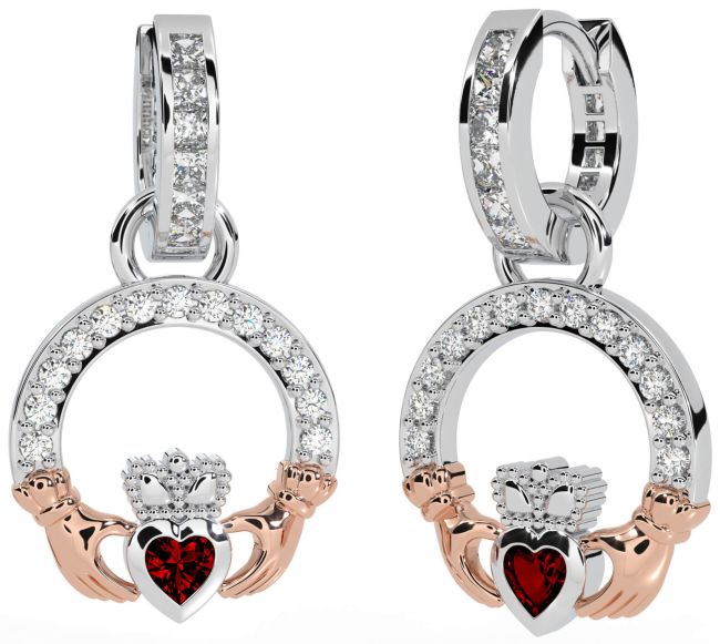 Diamond Garnet Rose Gold Silver Claddagh Dangle Earrings