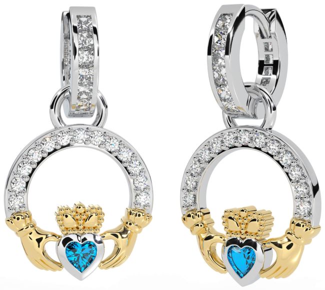 Diamond Topaz Gold Silver Claddagh Dangle Earrings