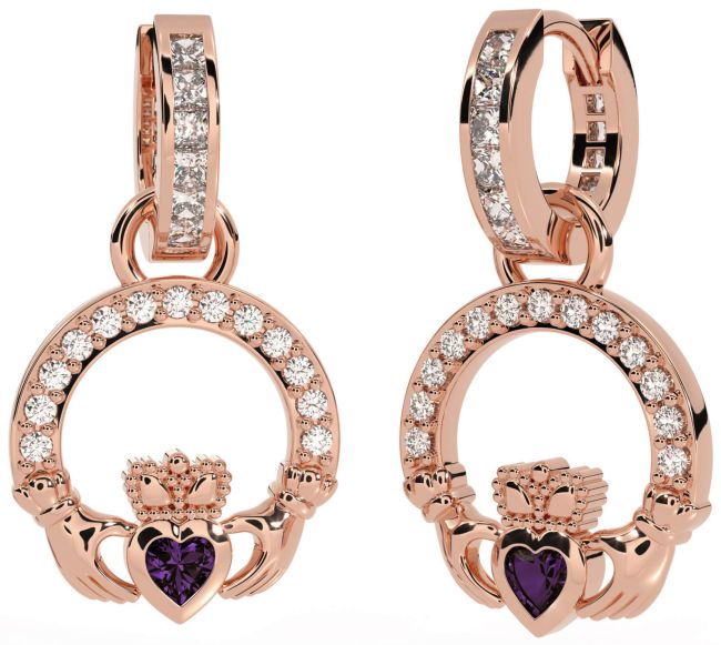 Diamond Alexandrite Rose Gold Silver Claddagh Dangle Earrings