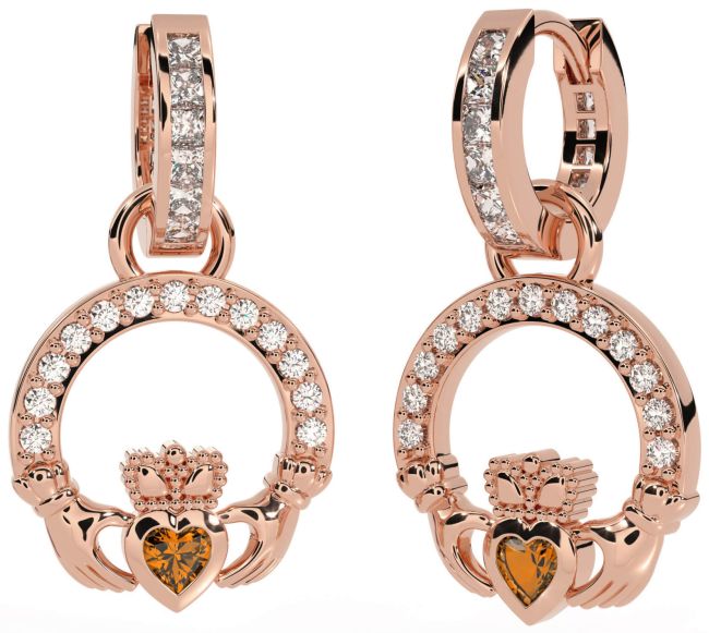 Diamond Citrine Rose Gold Silver Claddagh Dangle Earrings
